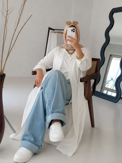 remium White Shirt Abaya for Women – Front Open Casual Modest Wear | Stylish Everyday Abaya