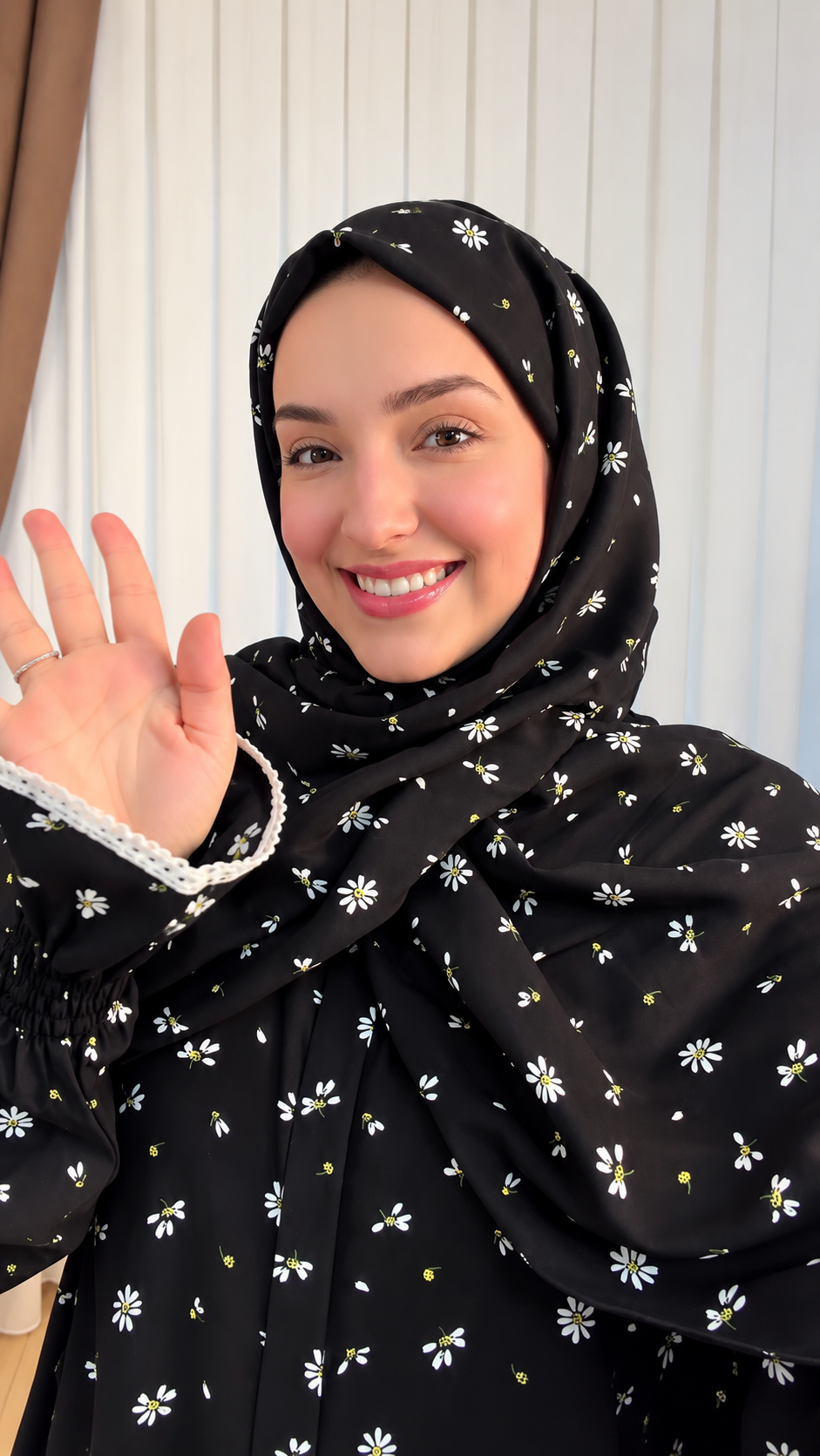Premium Black Daisy Floral Printed Prayer Dress with Attached Hijab