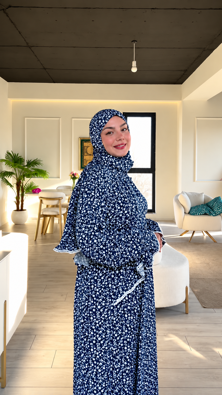Premium Navy Blue Floral Printed Prayer Dress with Attached Hijab