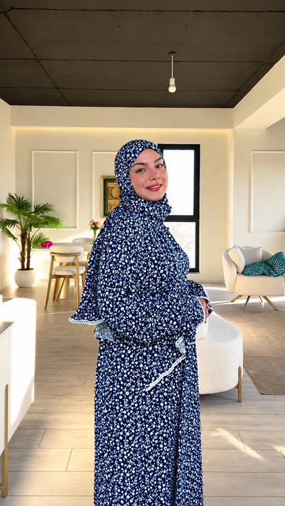 Premium Navy Blue Floral Printed Prayer Dress with Attached Hijab