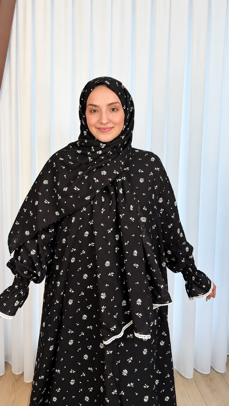 Premium Black Daisy Floral Printed Prayer Dress with Attached Hijab