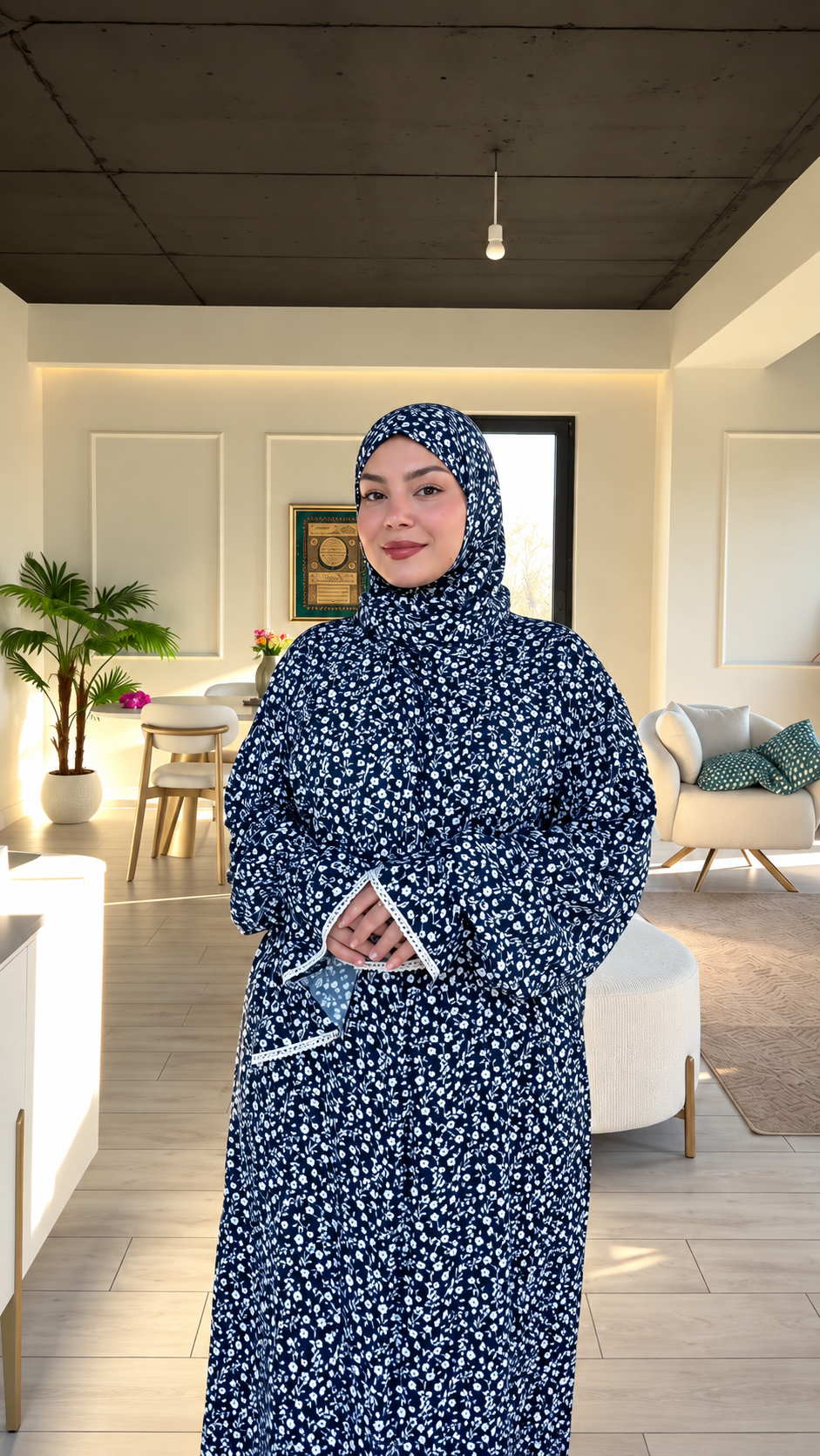 Premium Navy Blue Floral Printed Prayer Dress with Attached Hijab