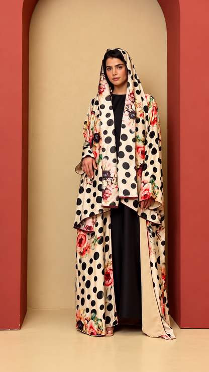 Premium Floral & Polka Dot Printed Shrug Abaya