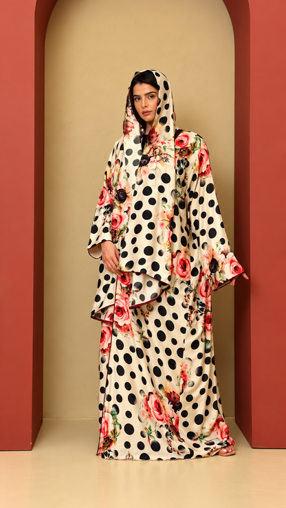 Premium Floral & Polka Dot Printed Shrug Abaya