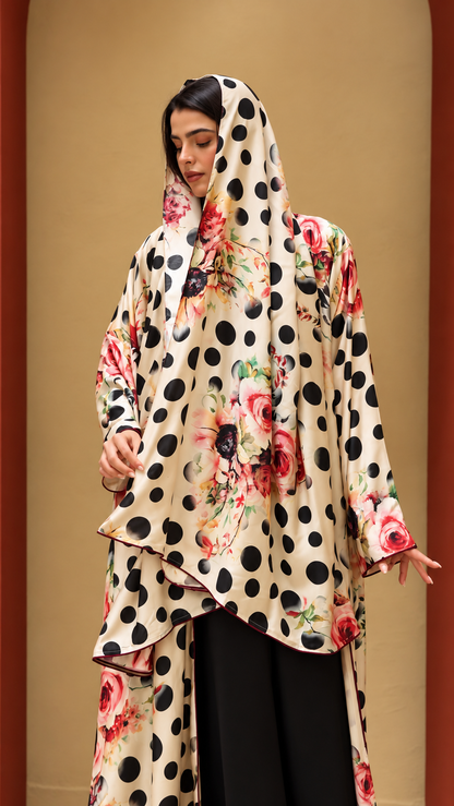 Premium Floral & Polka Dot Printed Shrug Abaya