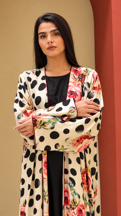Premium Floral & Polka Dot Printed Shrug Abaya