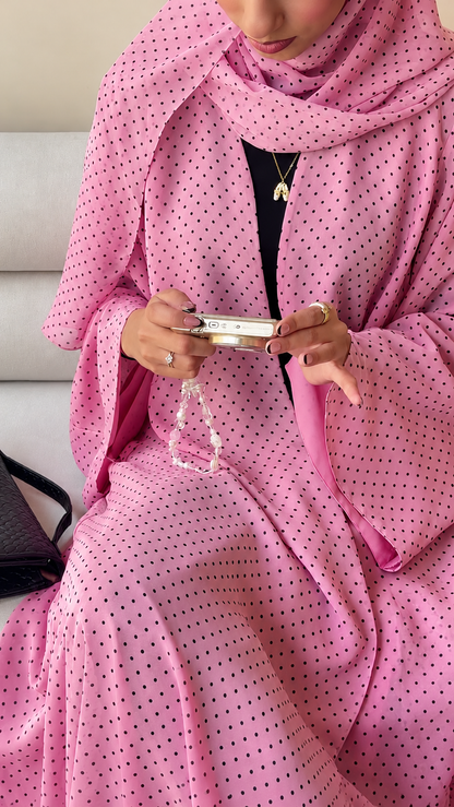Premium Baby Pink Polka Dot Printed Shrug Abaya with Matching Hijab