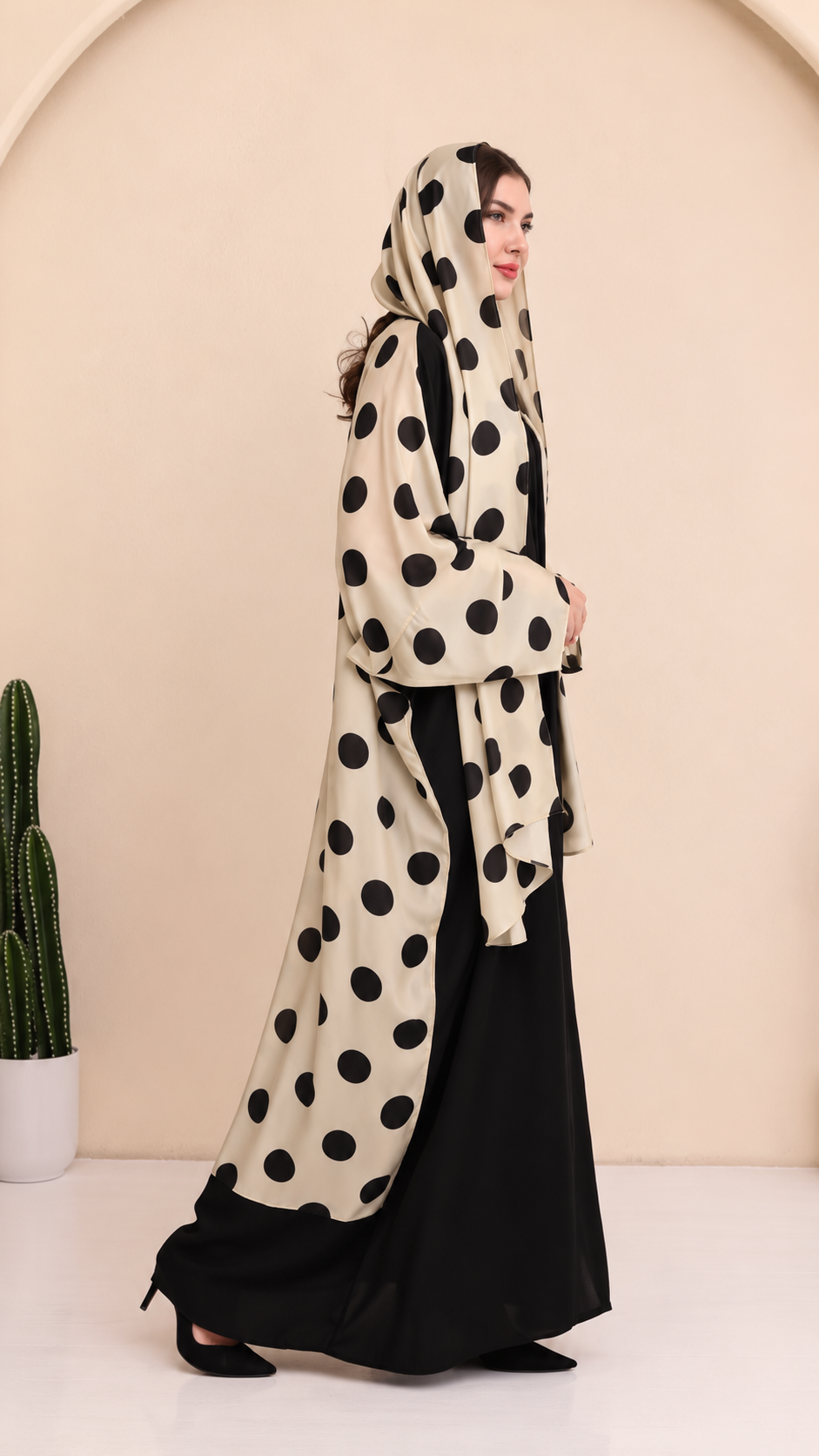 Premium Black Abaya with Beige Polka Dot Printed Shrug & Matching Hijab