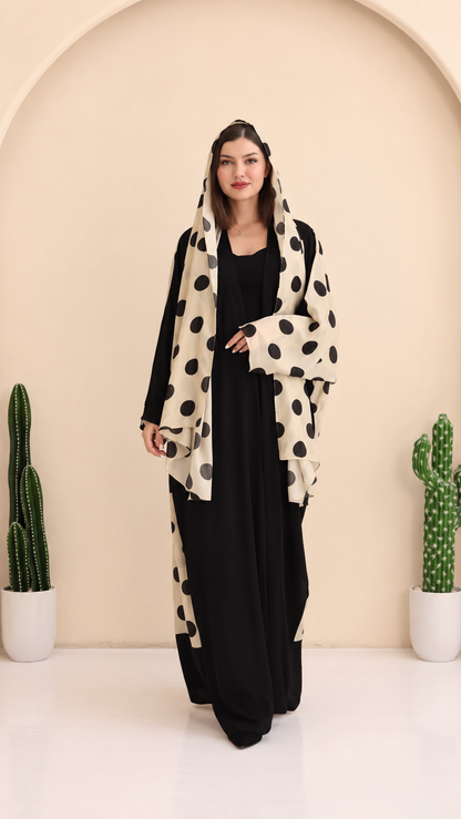 Premium Black Abaya with Beige Polka Dot Printed Shrug & Matching Hijab