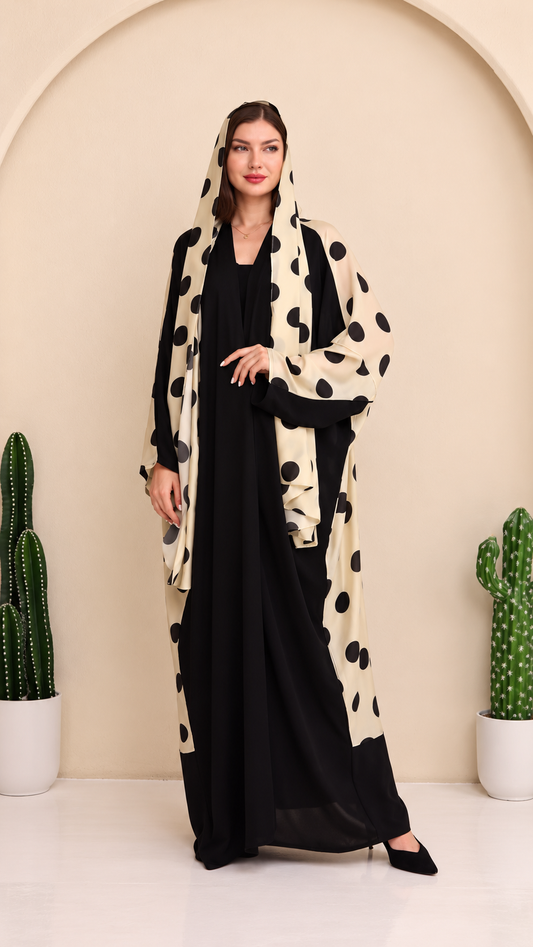 Premium Black Abaya with Beige Polka Dot Printed Shrug & Matching Hijab