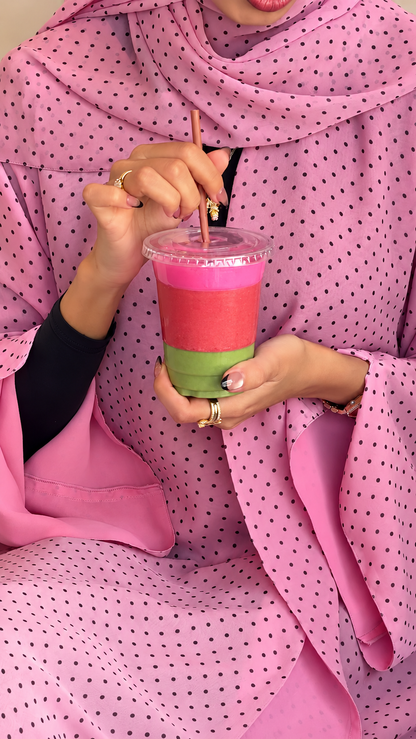 Premium Baby Pink Polka Dot Printed Shrug Abaya with Matching Hijab