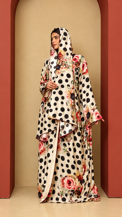 Premium Floral & Polka Dot Printed Shrug Abaya
