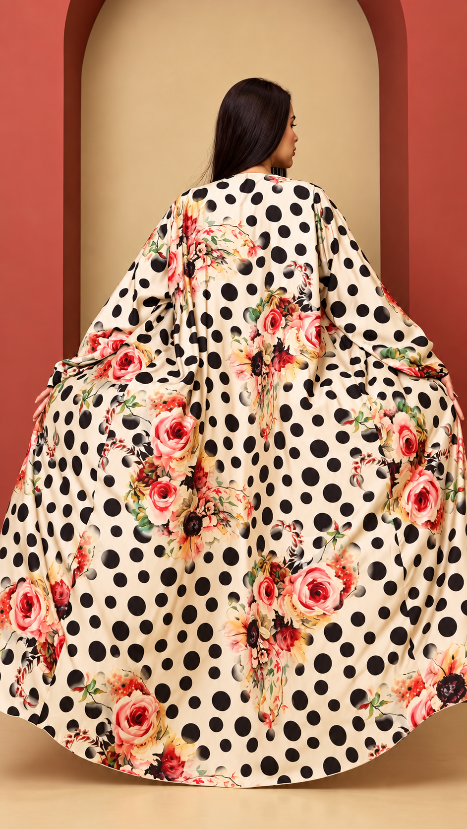 Premium Floral & Polka Dot Printed Shrug Abaya