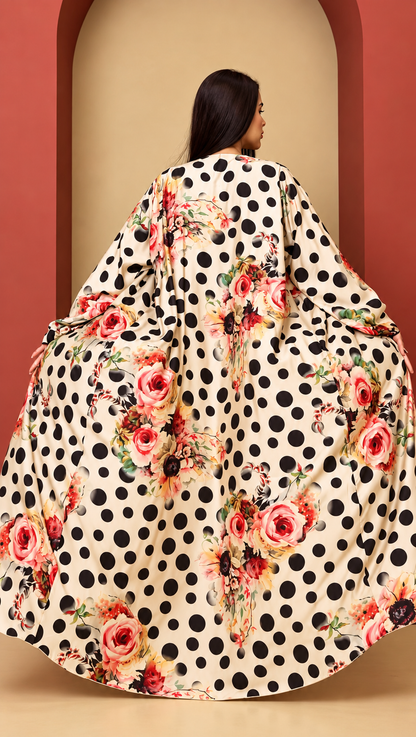 Premium Floral & Polka Dot Printed Shrug Abaya