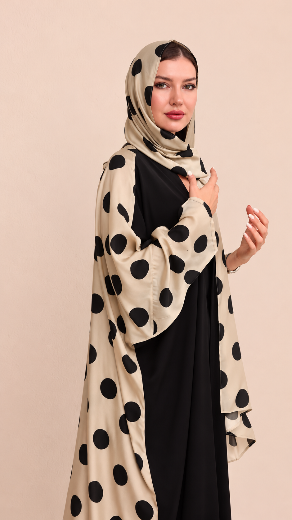 Premium Black Abaya with Beige Polka Dot Printed Shrug & Matching Hijab