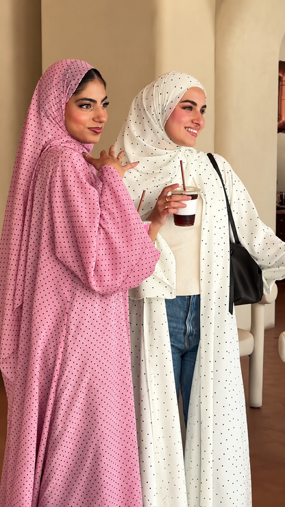 Premium Baby Pink Polka Dot Printed Shrug Abaya with Matching Hijab