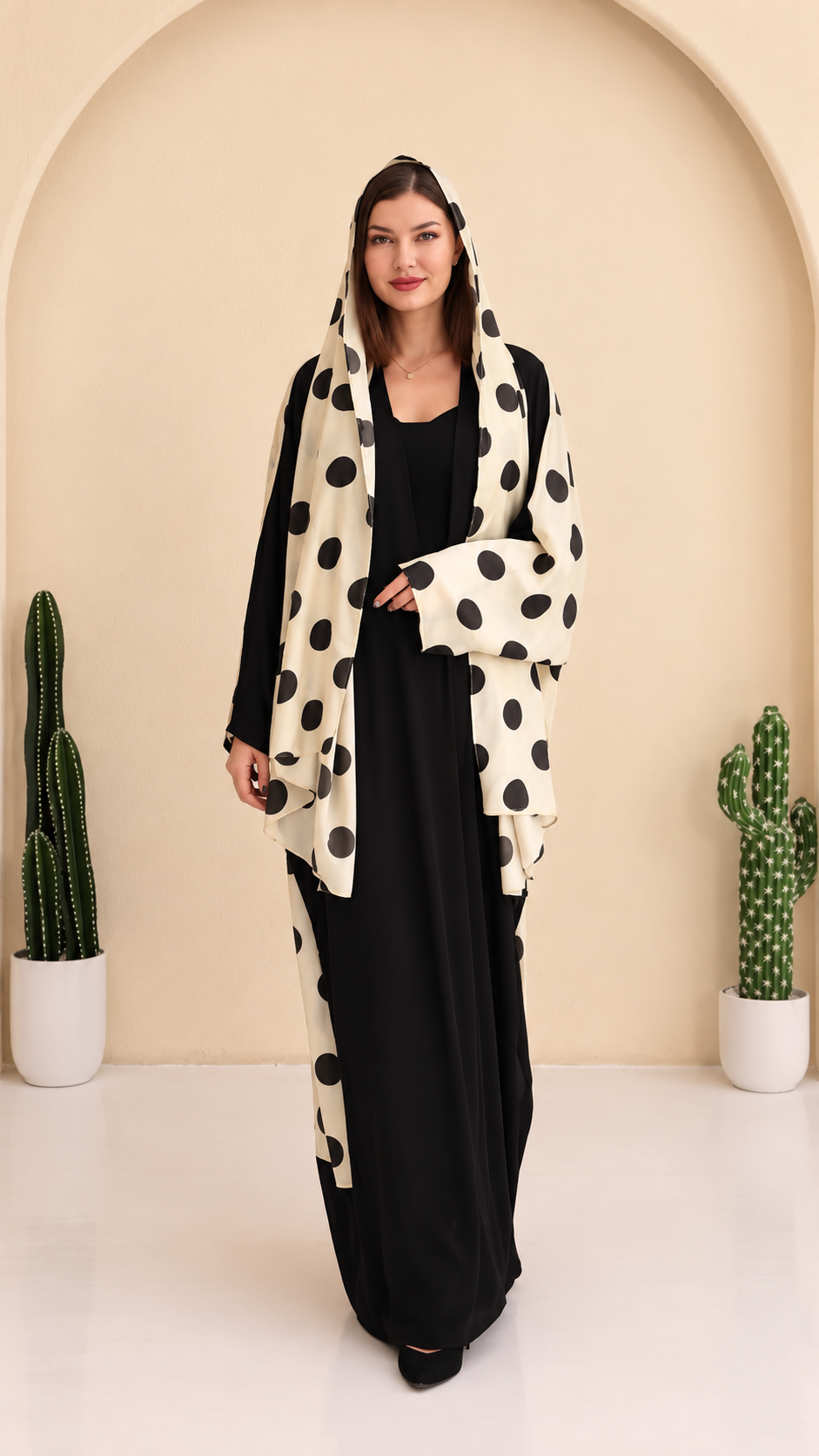 Premium Black Abaya with Beige Polka Dot Printed Shrug & Matching Hijab