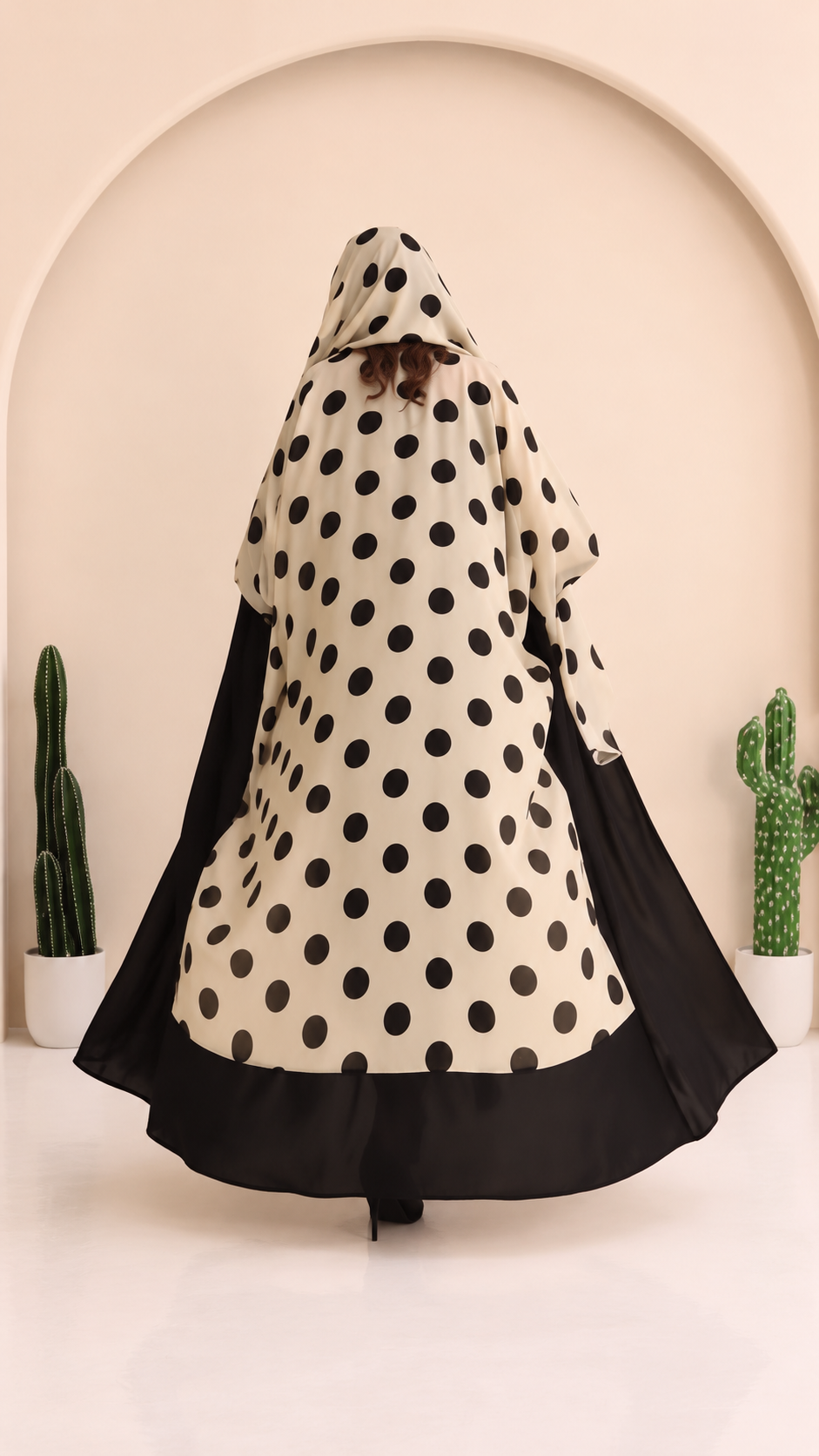 Premium Black Abaya with Beige Polka Dot Printed Shrug & Matching Hijab