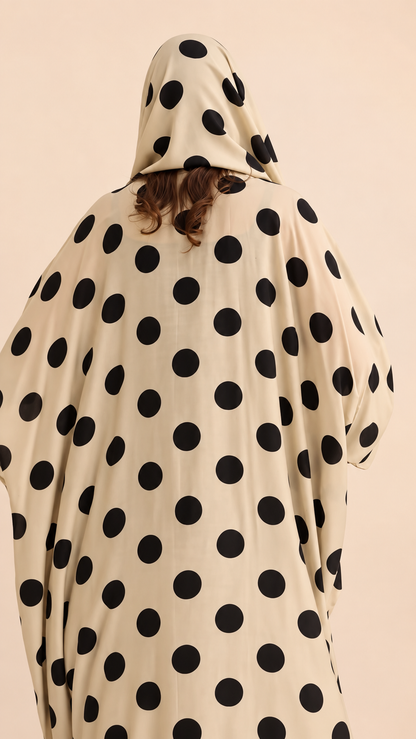 Premium Black Abaya with Beige Polka Dot Printed Shrug & Matching Hijab