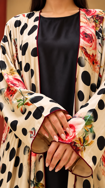 Premium Floral & Polka Dot Printed Shrug Abaya
