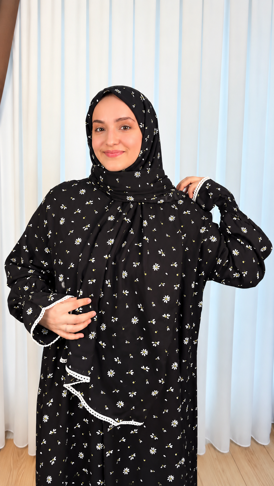 Premium Black Daisy Floral Printed Prayer Dress with Attached Hijab