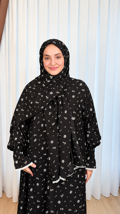 Premium Black Daisy Floral Printed Prayer Dress with Attached Hijab