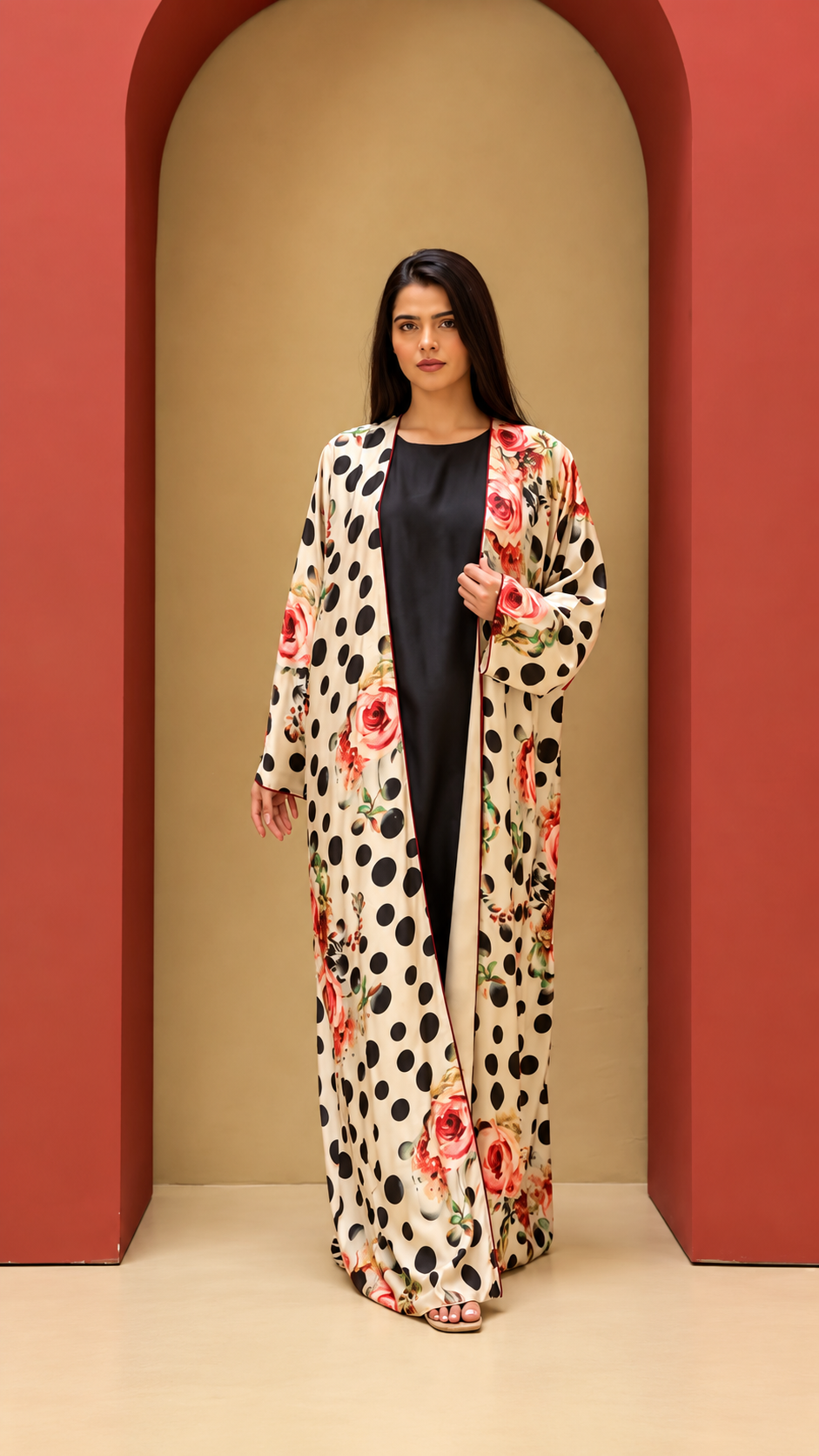 Premium Floral & Polka Dot Printed Shrug Abaya