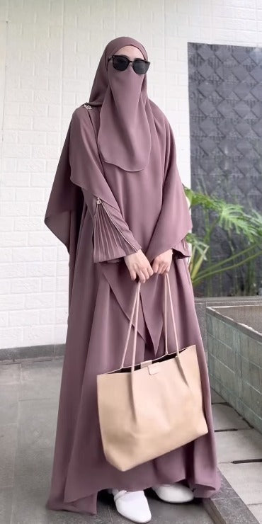 Premium 3-Piece Imported Saltosh Abaya Set  Elegant Zipper Sleeve Design Perfect for Hajj & Umrah