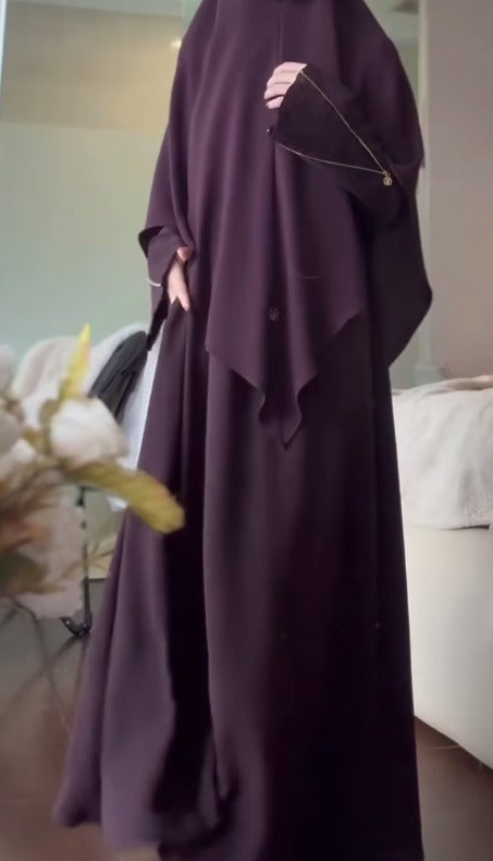 Premium 3-Piece Imported Saltosh Abaya Set  Elegant Zipper Sleeve Design Perfect for Hajj & Umrah