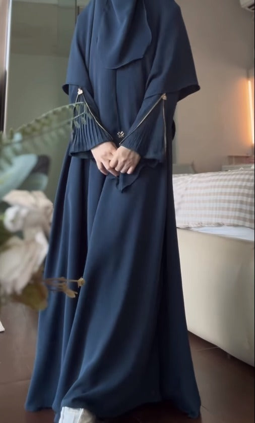 Premium 3-Piece Imported Saltosh Abaya Set  Elegant Zipper Sleeve Design Perfect for Hajj & Umrah