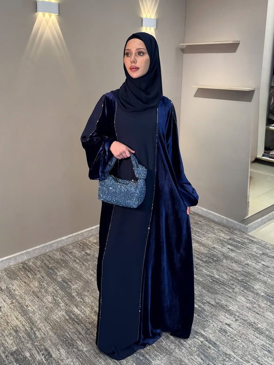Imported Velvet & Seltos Abaya Elegant Navy Blue Designer Islamic Wear