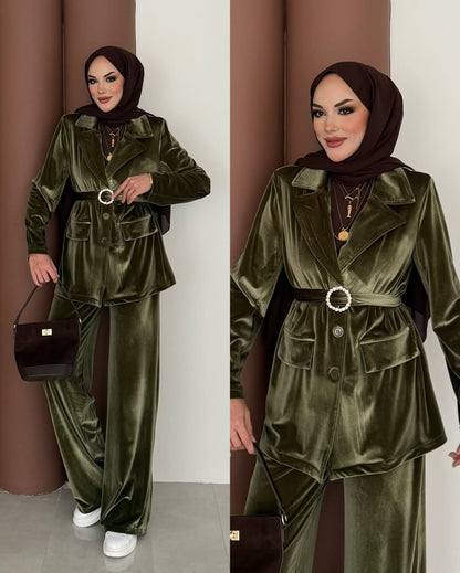 Premium Velvet Co-Ord Set with Belted Jacket & Bottom Elegant Modest Wear