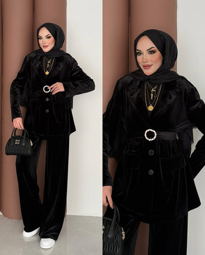 Premium Velvet Co-Ord Set with Belted Jacket & Bottom Elegant Modest Wear