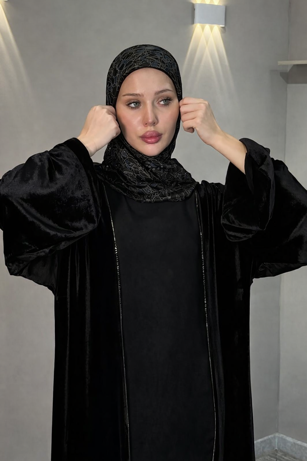 Imported Velvet & Seltos Abaya Elegant Navy Blue Designer Islamic Wear