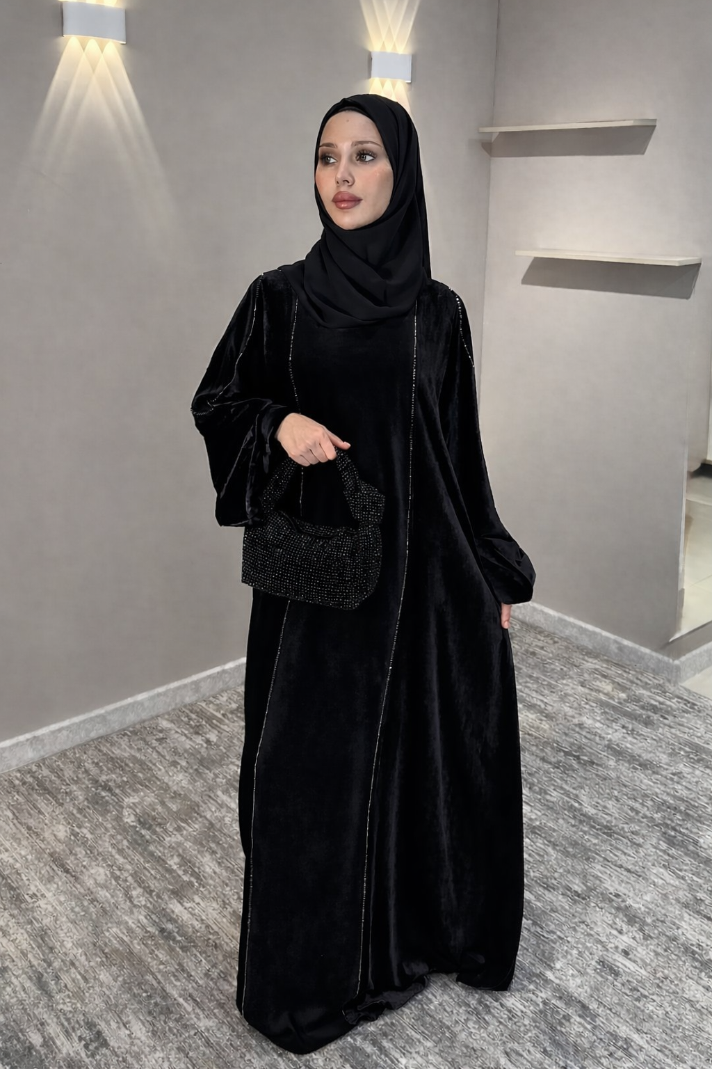 Imported Velvet & Seltos Abaya Elegant Navy Blue Designer Islamic Wear