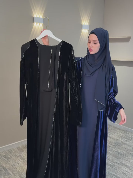 Imported Velvet & Seltos Abaya Elegant Navy Blue Designer Islamic Wear