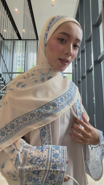 Premium Ivory Blue Floral Printed Shrug Abaya with Matching Dupatta