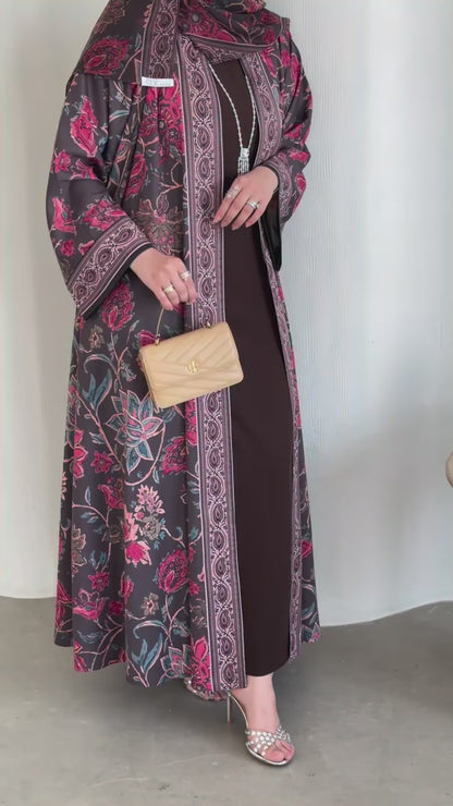 Premium Printed Shrug Style Abaya Set with Dupatta – Elegant Floral Open Front Abaya for Women