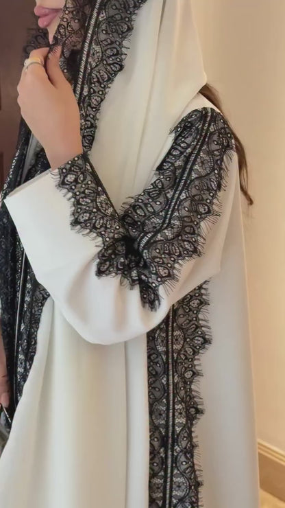 Premium White 3-Piece Abaya Set with Black Lace Detail – Luxury Inner Dress, Open Abaya & Matching Hijab