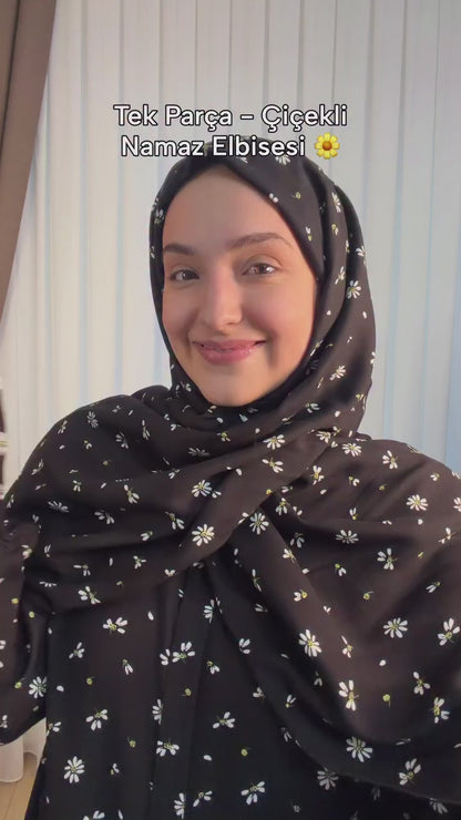 Premium Black Daisy Floral Printed Prayer Dress with Attached Hijab