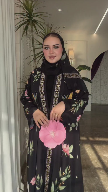 Premium Black Botanical Floral Printed Abaya