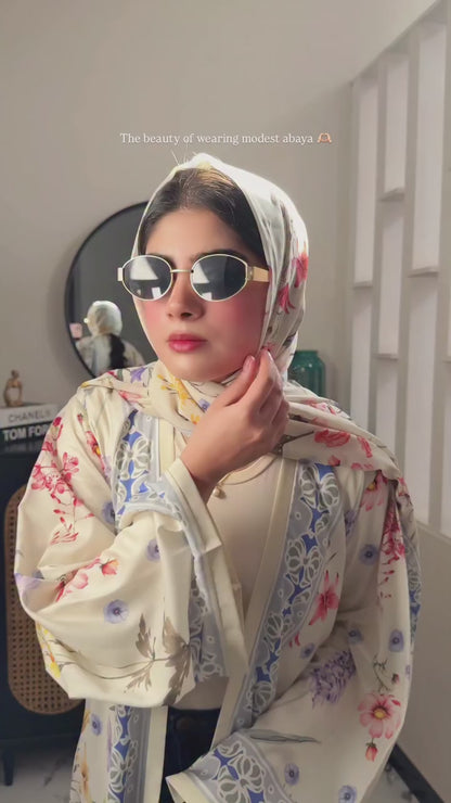 Premium Ivory Floral Printed Shrug Abaya Set with Matching Dupatta