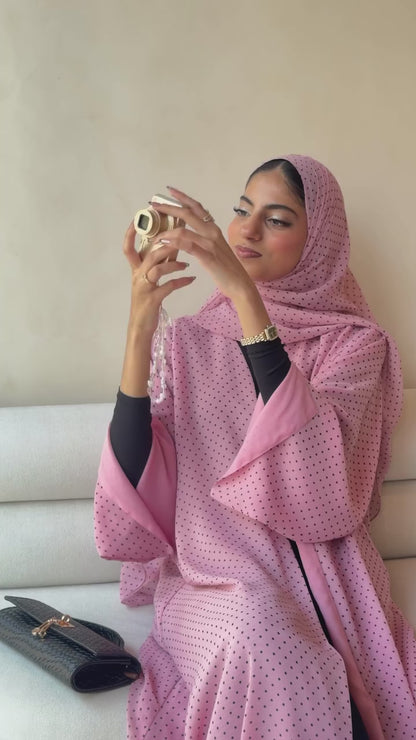 Premium Baby Pink Polka Dot Printed Shrug Abaya with Matching Hijab